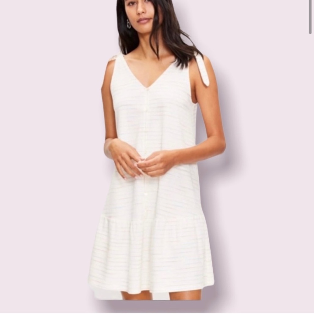 NWT LOFT White Button Front Striped Drop Waist Shoulder Tie Dress